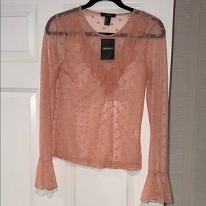 Forever 21 Blush Pink Sheer Ruffle Dot Long Sleeve Top